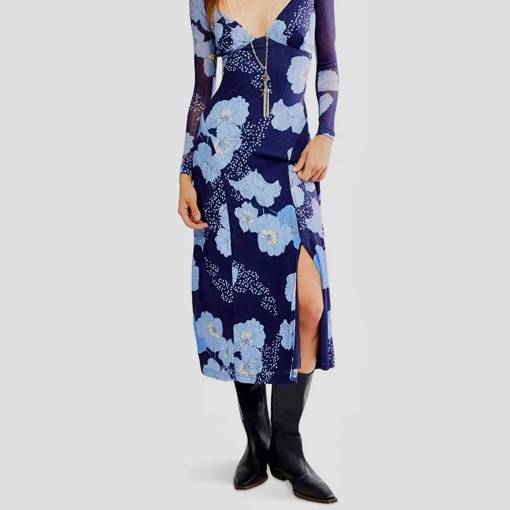 Free People Navy and Light Blue Floral Long Sleeve Dress